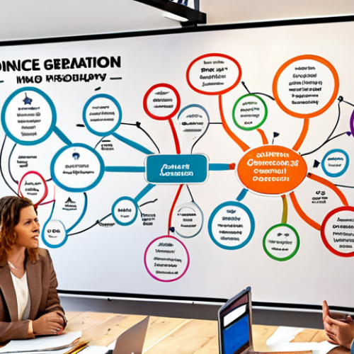 Home 6 Mind Map for Strategic Idea Generation**
A vibrant, detailed mind map at the center of a collaborative workspace. Diverse professionals, some standing, some seated, are actively engaged in discussion around it. The mind map, drawn with clear connections and colorful branches, emanates from a central business challenge or opportunity. Subtle elements like lightbulbs, abstract thought lines, and digital icons (e.g., gears, arrows) are integrated into the map, symbolizing creativity, problem-solving, and logical progression. The setting is a modern, bright office, fostering an atmosphere of innovation, strategic clarity, and teamwork. Emphasize visual organization, creative flow, and the process of transforming complex ideas into actionable strategies.
**