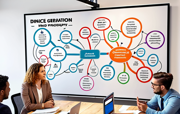 Mind Map for Strategic Idea Generation**
A vibrant, detailed mind map at the center of a collaborative workspace. Diverse professionals, some standing, some seated, are actively engaged in discussion around it. The mind map, drawn with clear connections and colorful branches, emanates from a central business challenge or opportunity. Subtle elements like lightbulbs, abstract thought lines, and digital icons (e.g., gears, arrows) are integrated into the map, symbolizing creativity, problem-solving, and logical progression. The setting is a modern, bright office, fostering an atmosphere of innovation, strategic clarity, and teamwork. Emphasize visual organization, creative flow, and the process of transforming complex ideas into actionable strategies.
**