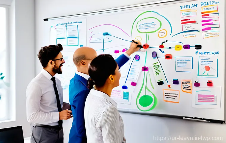 마인드맵과 협업 팀워크 향상 방법 - **Prompt 1: Collaborative Brainstorming with a Physical Mind Map**
"A diverse team of profession...