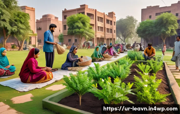 마인드맵으로 사회적 책임 이해하기 - A vibrant community park scene in a Pakistani neighborhood, showing diverse groups of men, women, an...