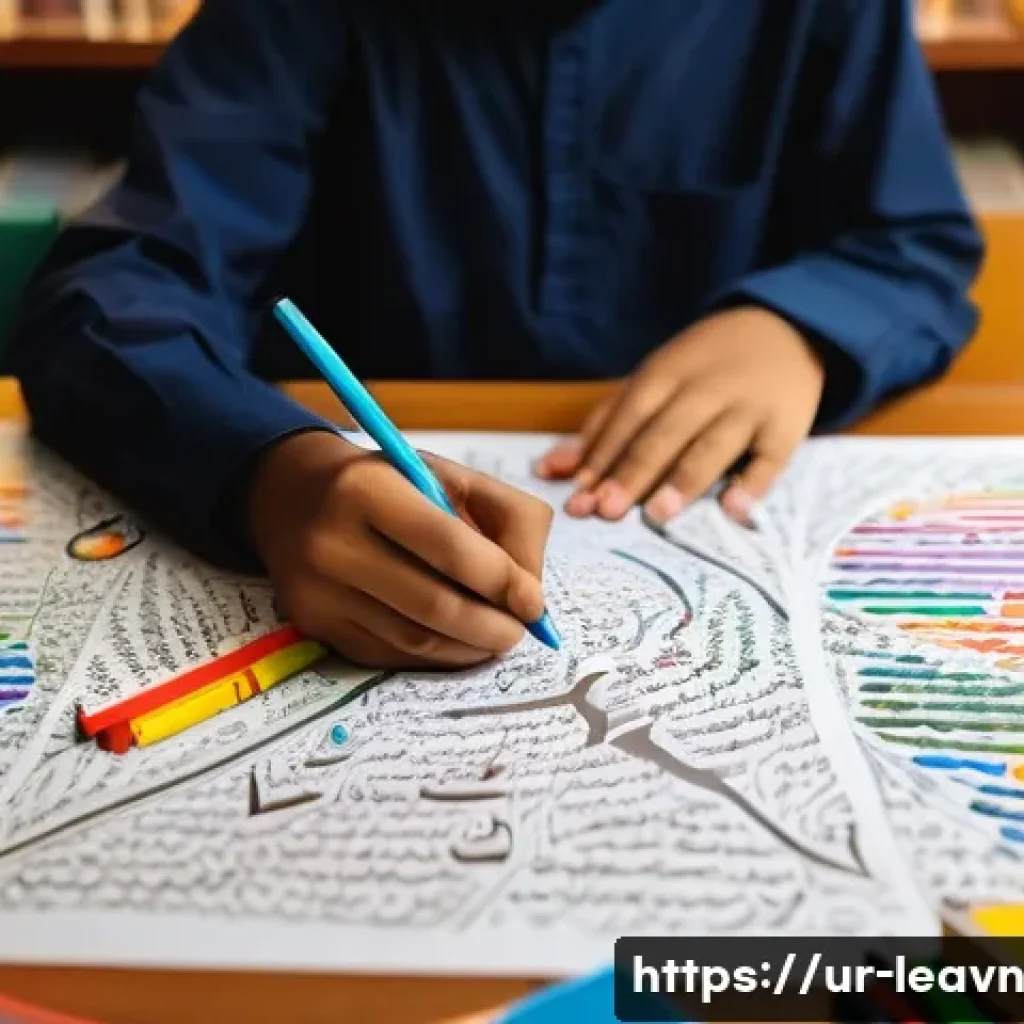 마인드맵을 이용한 시험 준비 전략 - A vibrant study desk setup featuring a young Urdu-speaking student creating a colorful mind map on a...