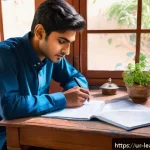 Home 18 마인드맵으로 취업 준비하기 - A vibrant and detailed study desk scene in a traditional Pakistani home, featuring a young adult mal...
