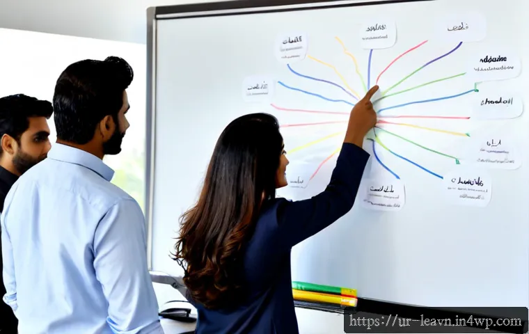 Home 17 마인드맵으로 팀의 비전 공유하기 - Photorealistic Pakistani workplace team gathered around a large whiteboard with a clear visual mind ...